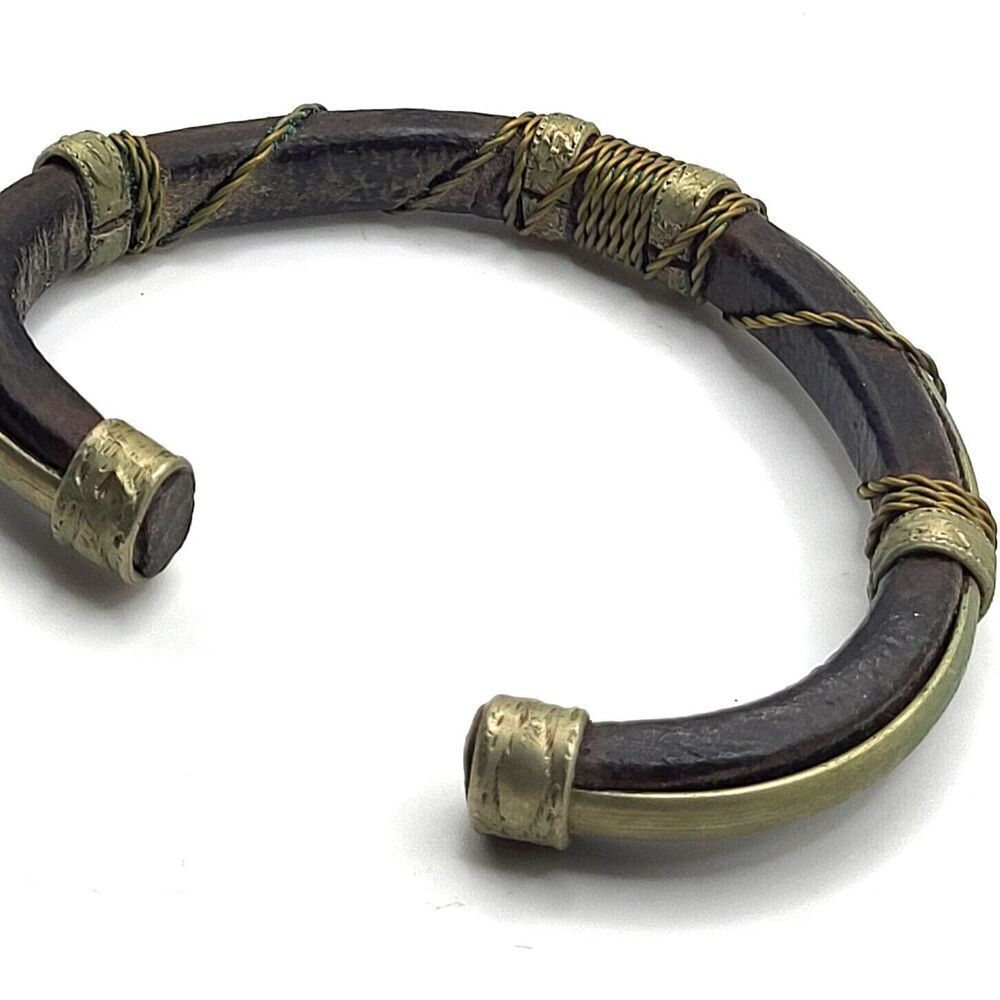 Antique Brass and Leather Cuff Bangle Bracelet 8in